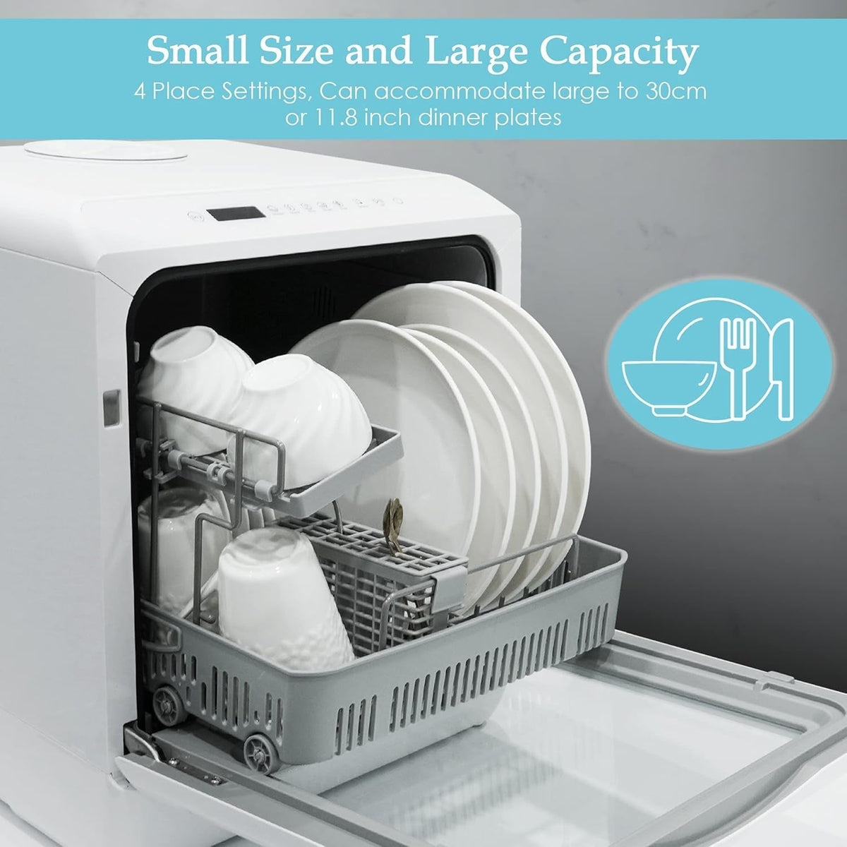 Compact Countertop Dishwasher with 4 Place Settings, 6 Wash Programs, Built-In 5L Water Tank & Hot Air Drying