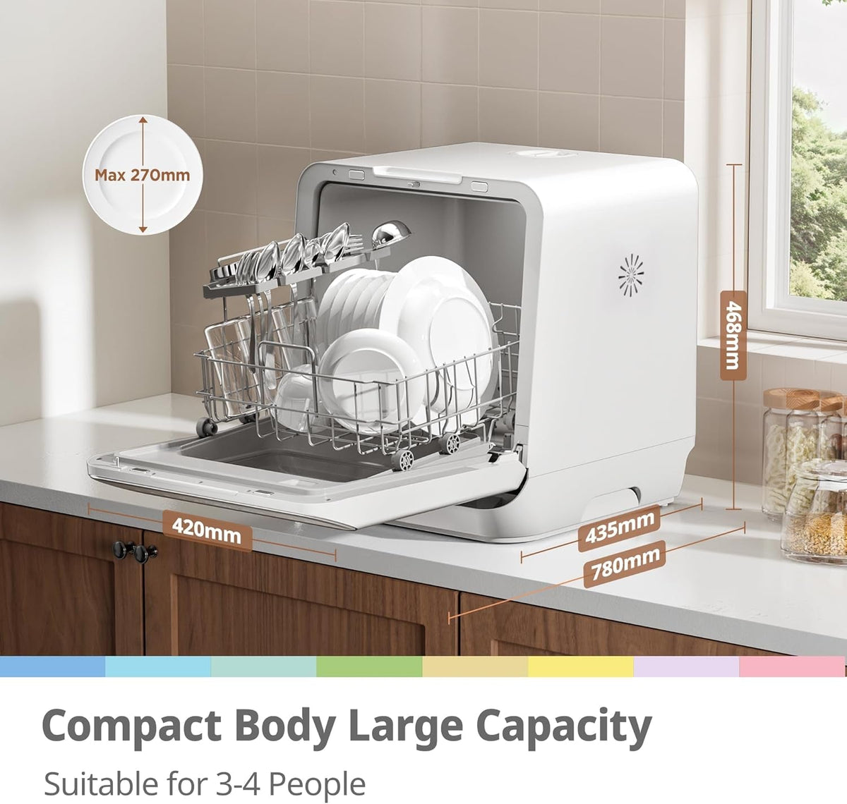 Compact Countertop Dishwasher with 7 Wash Programs, 6L Water Tank, Hygiene Wash & Auto Door Drying