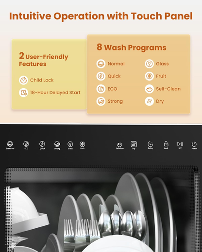 Compact Countertop Dishwasher with 8 Wash Programs, Built-In 5L Water Tank, Water Softener & Hot Air Drying