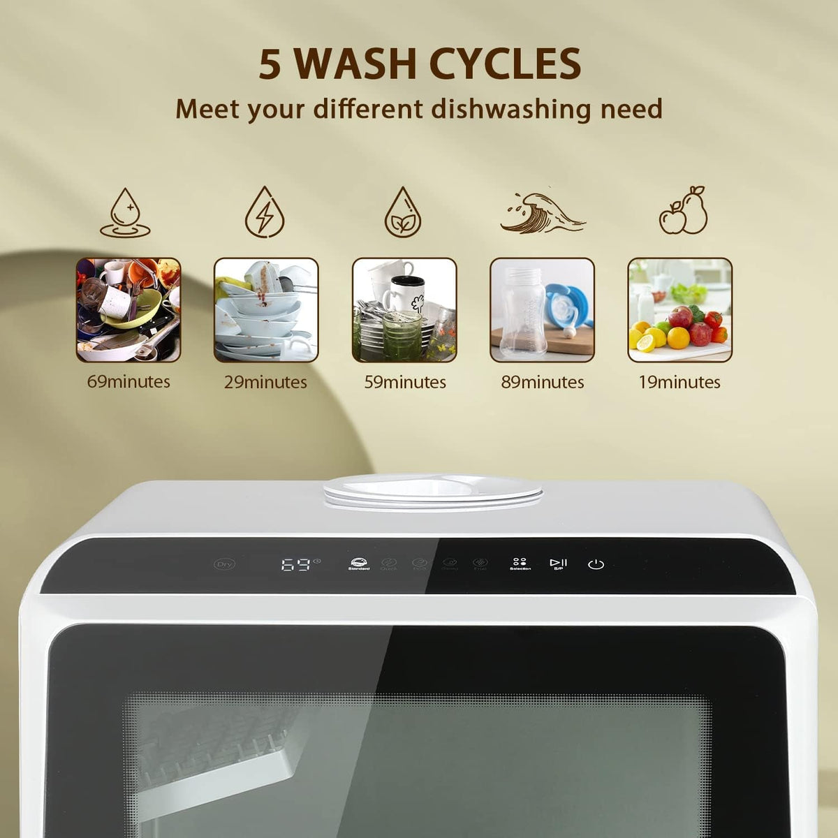 Compact Countertop Dishwasher with 4 Place Settings, 5 Wash Programs, Built-In 5L Water Tank & Hot Air Drying