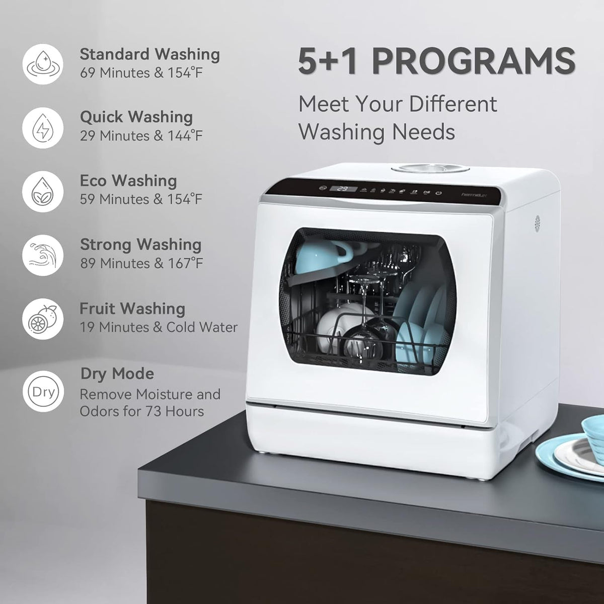 Compact Countertop Dishwasher with 4 Place Settings, 6 Wash Programs, 5L Water Tank & Hot Air Drying