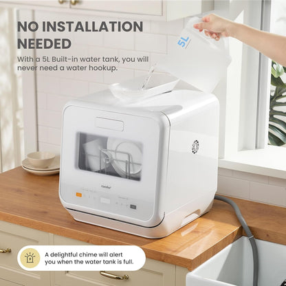 Compact Countertop Dishwasher with 6 Wash Programs, 5L Water Tank, Steam Cleaning & 72-Hour Ventilated Drying
