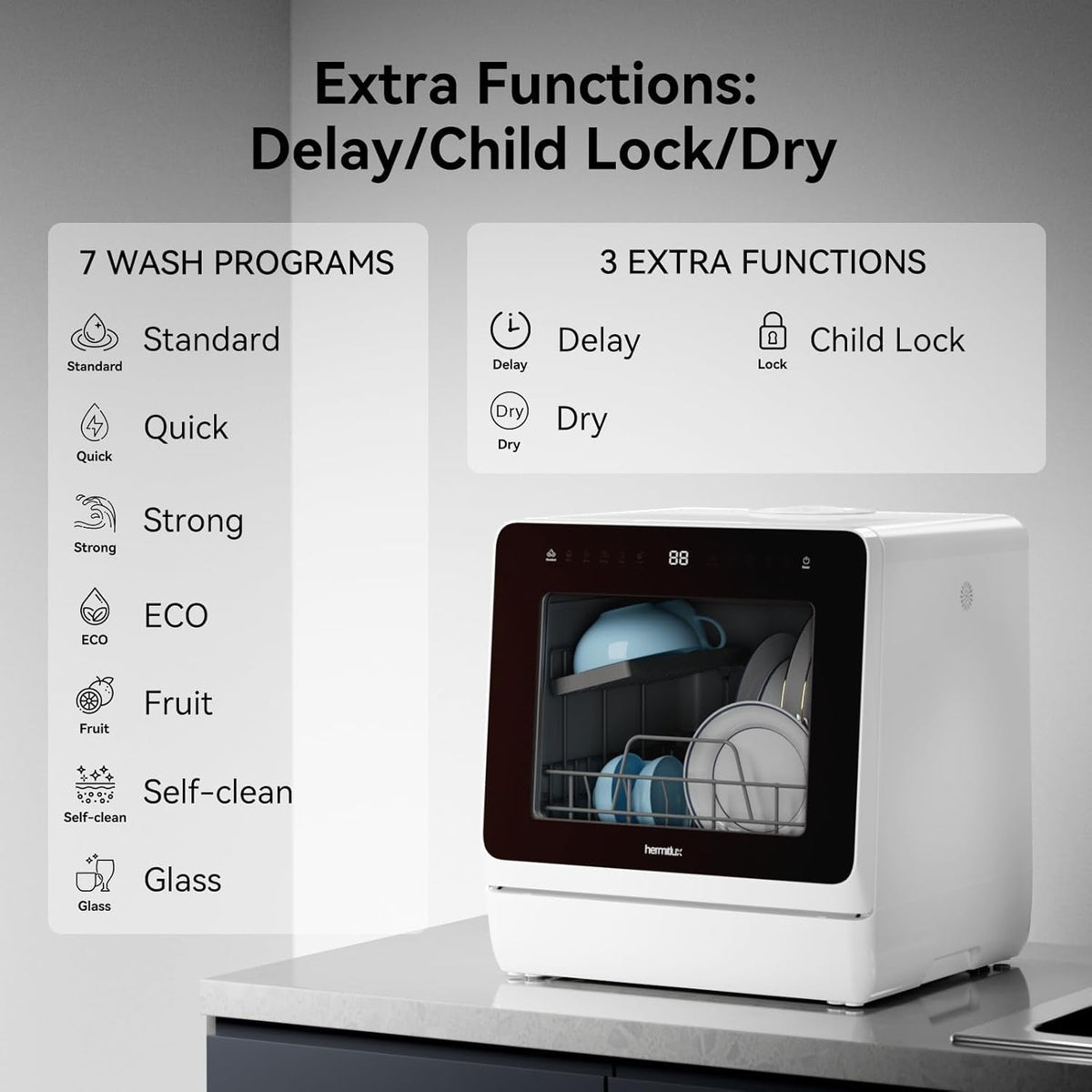 Compact Countertop Dishwasher with 5 Place Settings, 7 Wash Programs, Built-In 5L Water Tank & Hot Air Drying