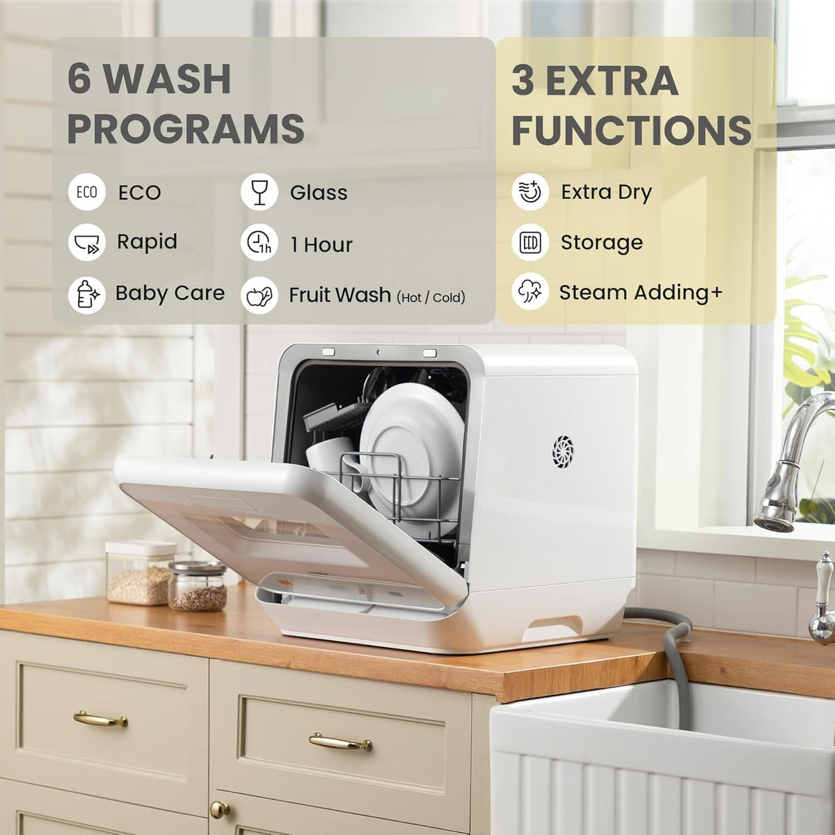 Compact Countertop Dishwasher with 6 Wash Programs, 5L Water Tank, Steam Cleaning & 72-Hour Ventilated Drying