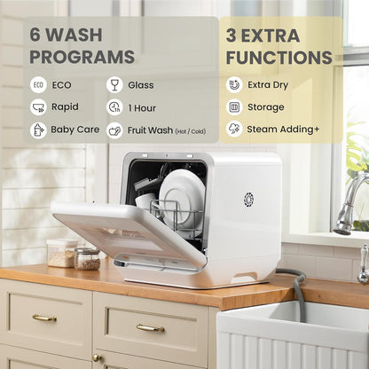 Compact Countertop Dishwasher with 6 Wash Programs, 5L Water Tank, Steam Cleaning & 72-Hour Ventilated Drying