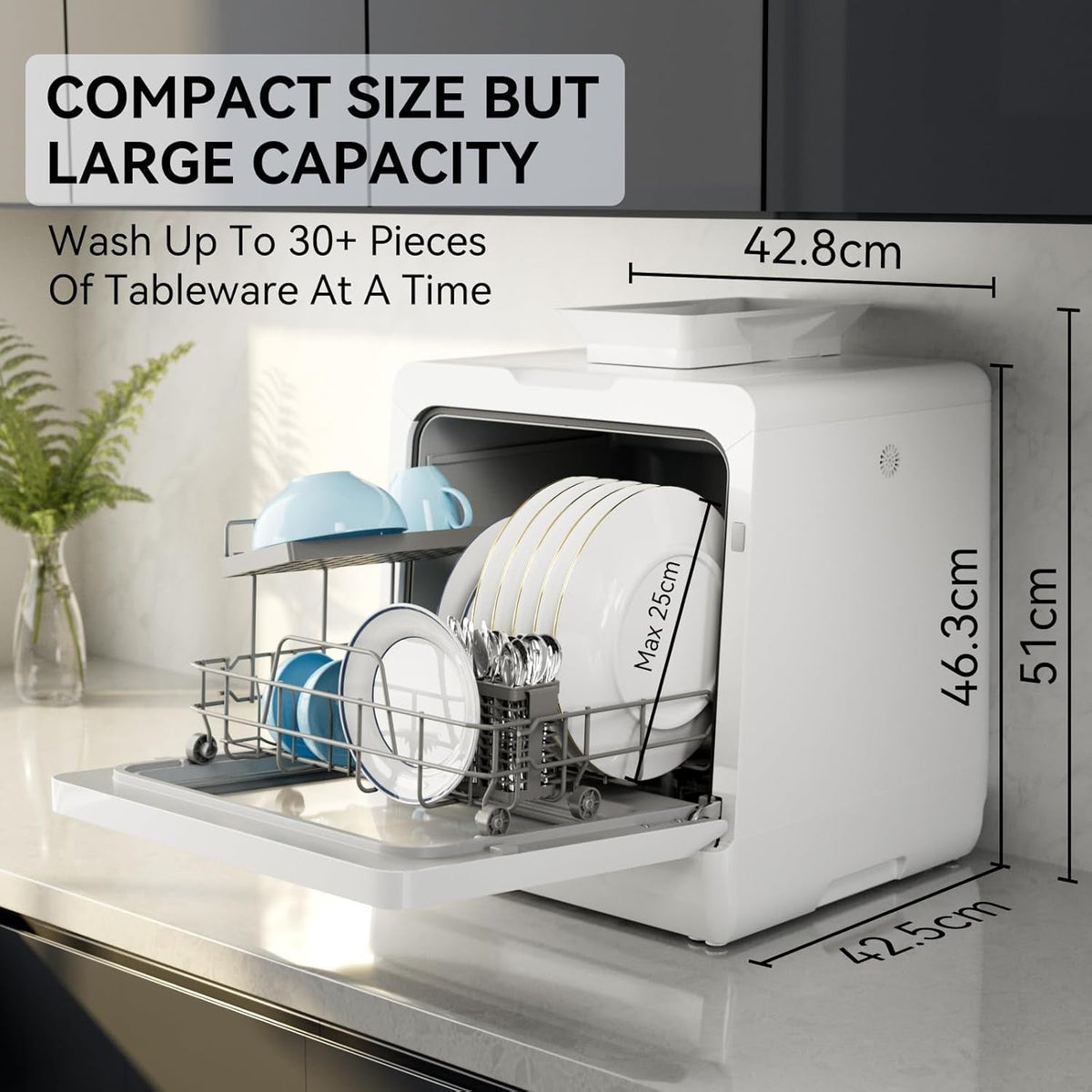 Compact Countertop Dishwasher with 5 Place Settings, 7 Wash Programs, Built-In 5L Water Tank & Hot Air Drying