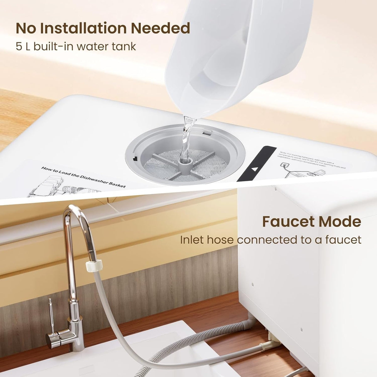 Compact Countertop Dishwasher with 4 Place Settings, 6 Wash Programs, Built-In 5L Water Tank & Hot Air Drying