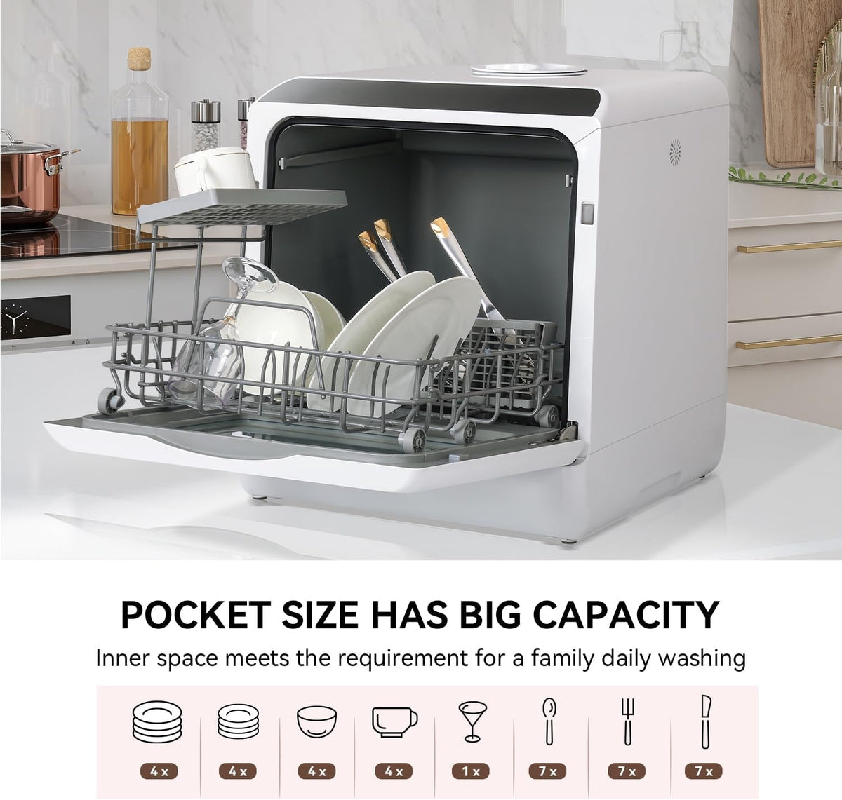 Compact Countertop Dishwasher with 4 Place Settings, 5 Wash Programs, Built-In 5L Water Tank & Hot Air Drying