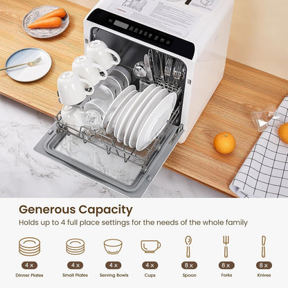 Compact Countertop Dishwasher with 4 Place Settings, 6 Wash Programs, Built-In 5L Water Tank & Hot Air Drying