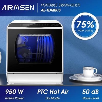 Compact Countertop Dishwasher with 6 Wash Programs, 5L Water Tank, 4 Place Settings & Hot Air Drying