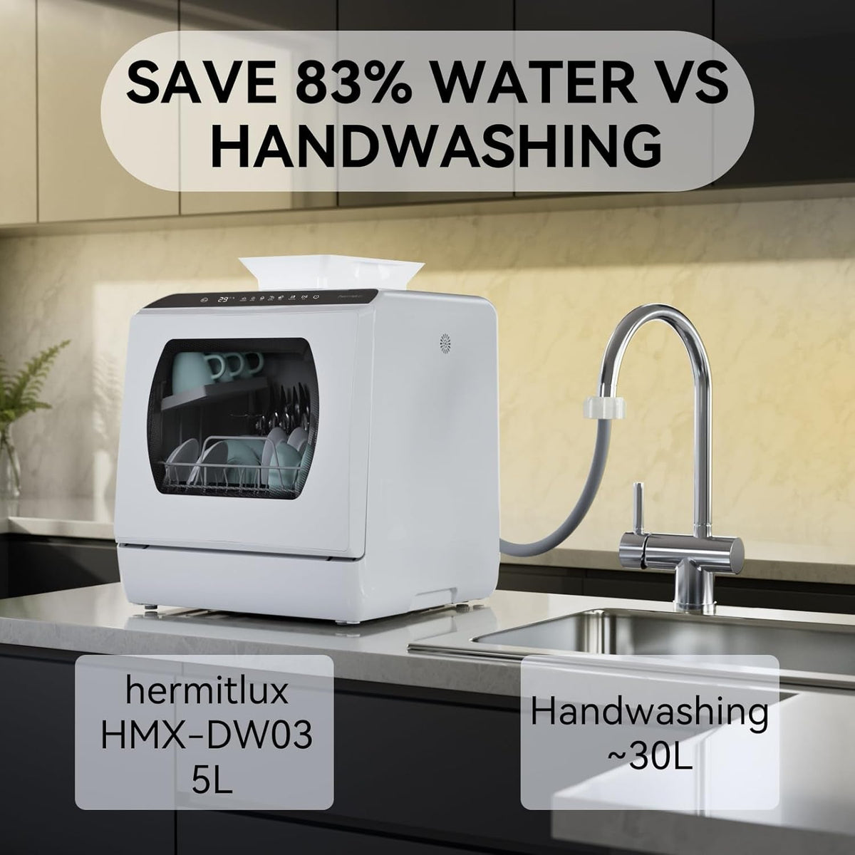Compact Countertop Dishwasher with 4 Place Settings, 6 Wash Programs, 5L Water Tank & Hot Air Drying