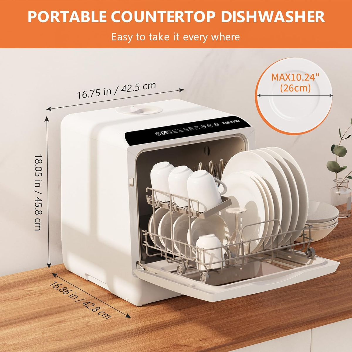 Compact Countertop Dishwasher with 4 Place Settings, 6 Wash Programs, Built-In 5L Water Tank & Hot Air Drying
