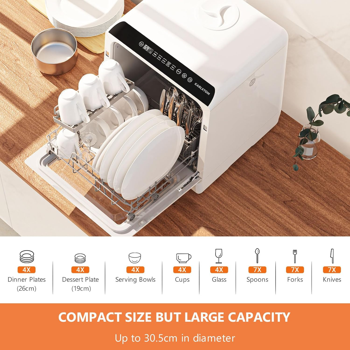Compact Countertop Dishwasher with 4 Place Settings, 6 Wash Programs, Built-In 5L Water Tank & Hot Air Drying