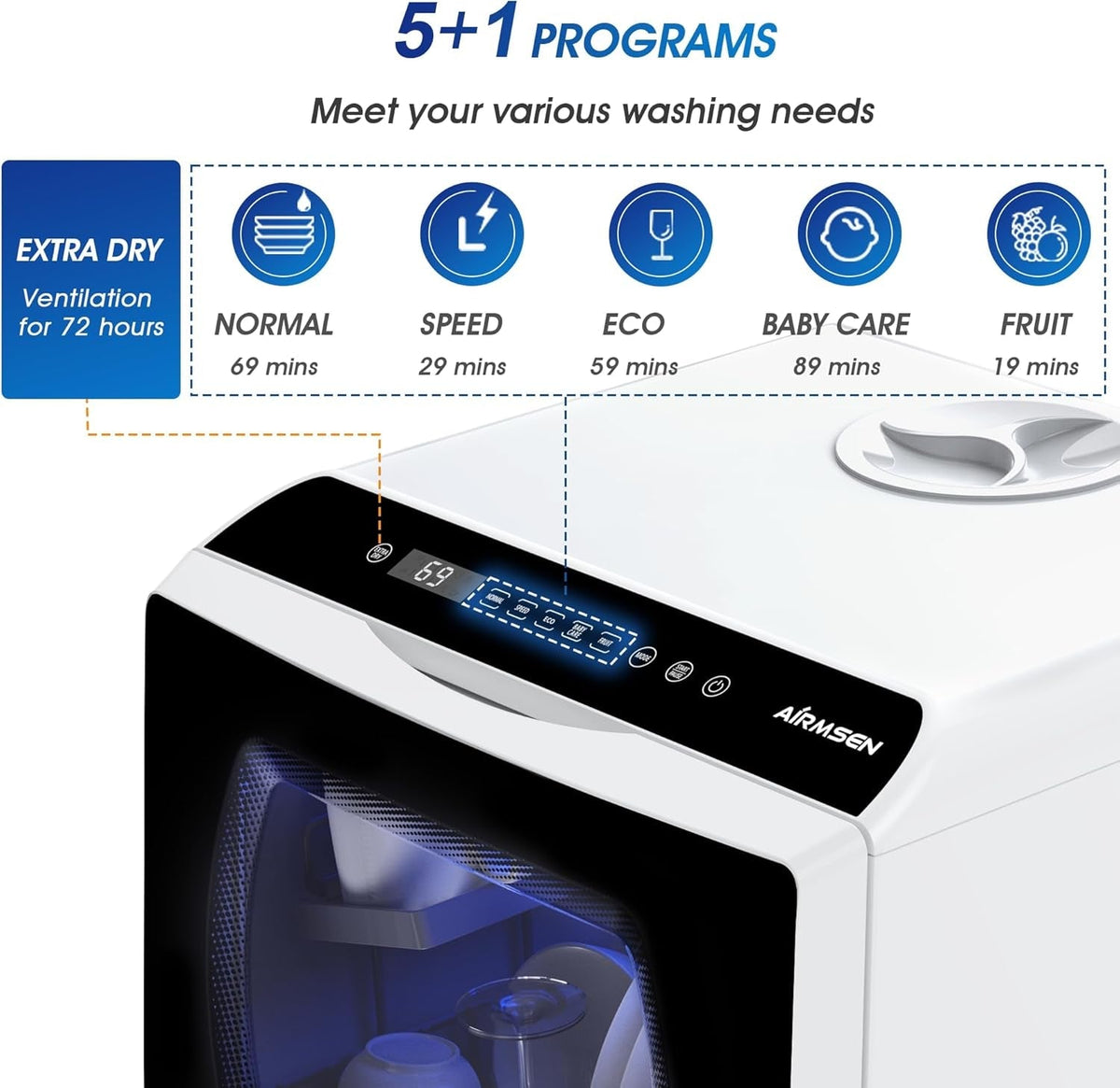 Compact Countertop Dishwasher with 6 Wash Programs, 5L Water Tank, 4 Place Settings & Hot Air Drying