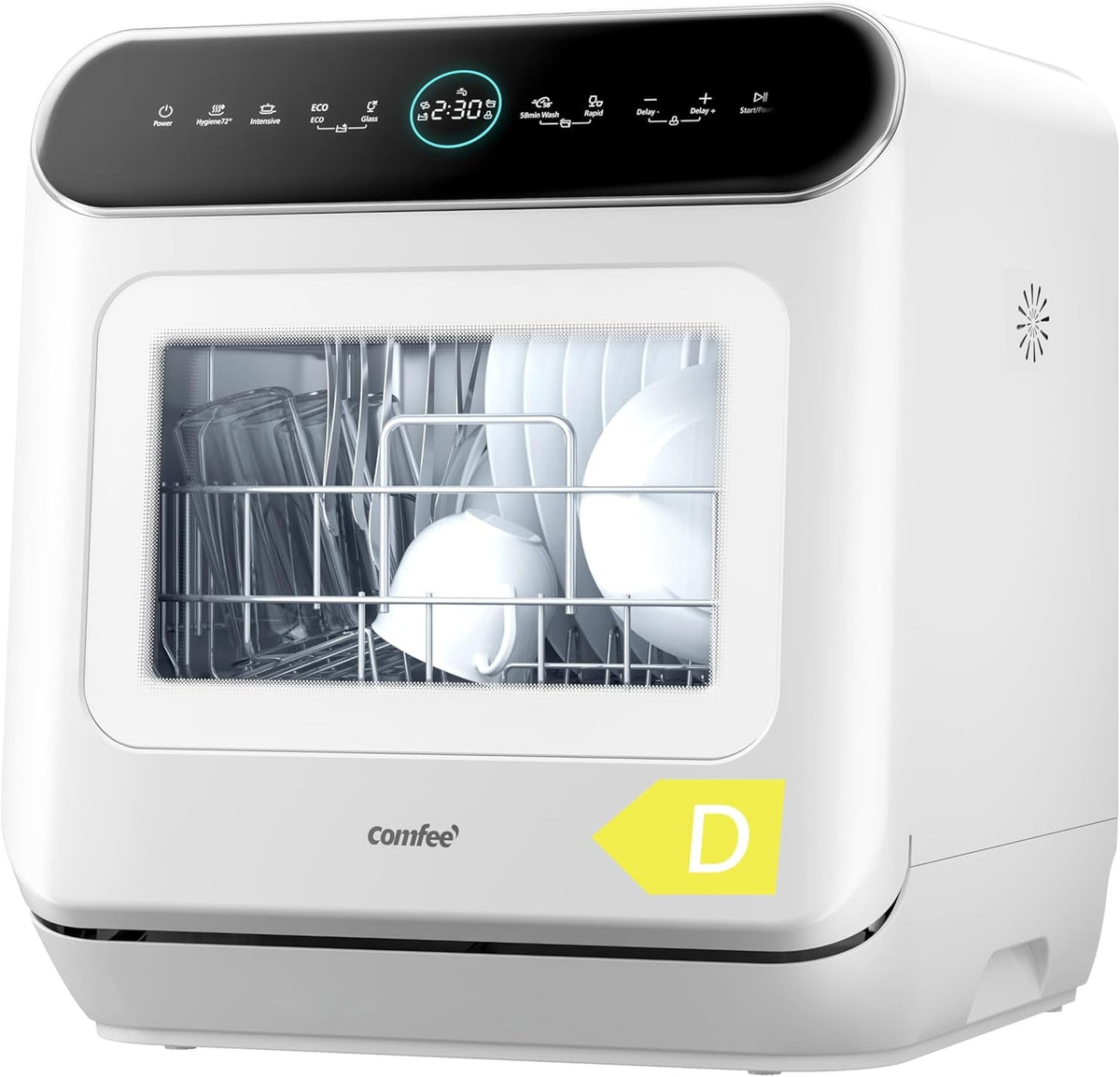 Compact Countertop Dishwasher with 7 Wash Programs, 6L Water Tank, Hygiene Wash & Auto Door Drying