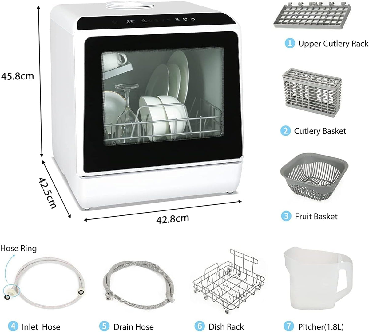Compact Countertop Dishwasher with 4 Place Settings, 5 Wash Programs, Built-In 5L Water Tank & Hot Air Drying