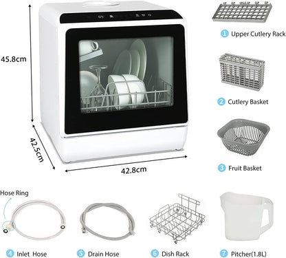 Compact Countertop Dishwasher with 4 Place Settings, 5 Wash Programs, Built-In 5L Water Tank & Hot Air Drying