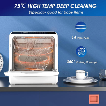 Compact Countertop Dishwasher with 6 Wash Programs, 5L Water Tank, 4 Place Settings & Hot Air Drying