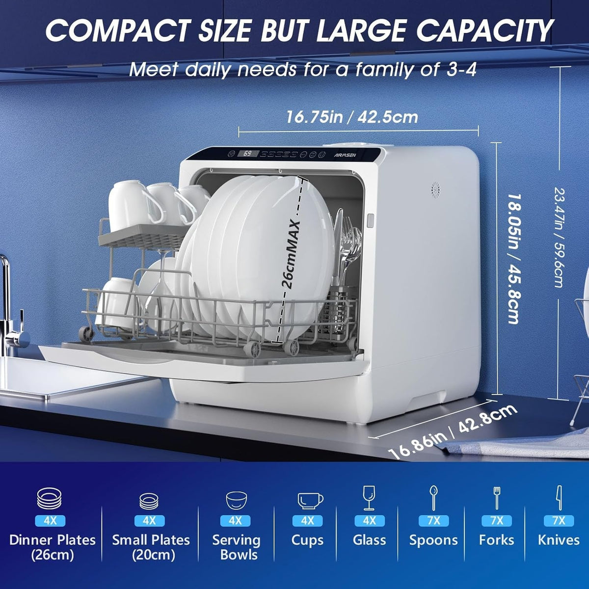 Compact Countertop Dishwasher with 6 Wash Programs, 5L Water Tank, 4 Place Settings & Hot Air Drying