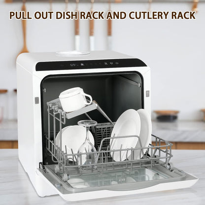 Compact Countertop Dishwasher with 4 Place Settings, 5 Wash Programs, Built-In 5L Water Tank & Hot Air Drying